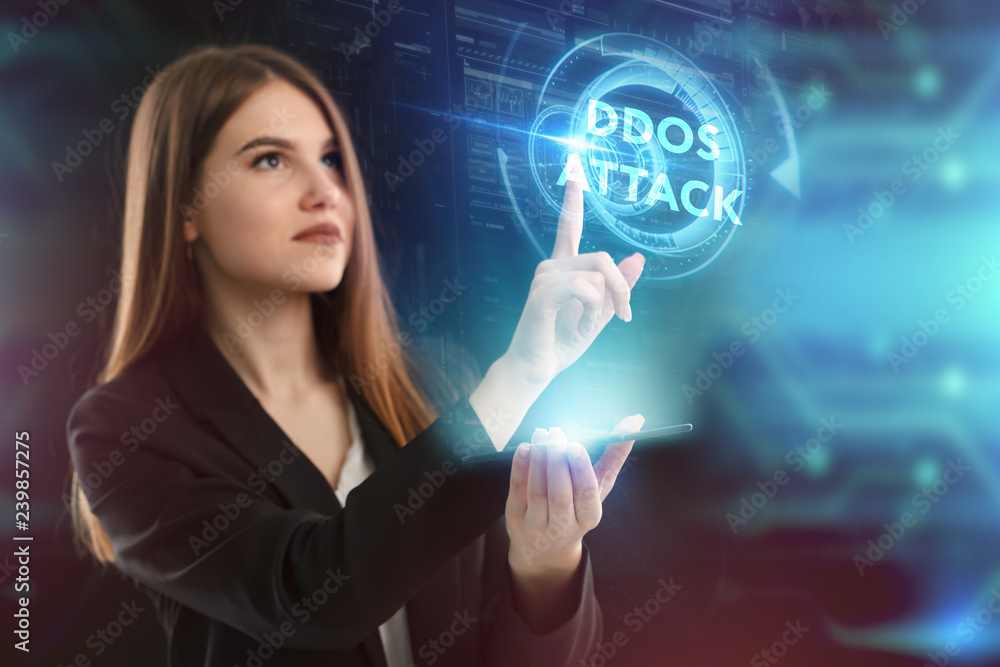 The concept of business, technology, the Internet and the network. A young entrepreneur working on a virtual screen of the future and sees the inscription: Ddos attack The concept of business, technology, the Internet and the network. A young entrepreneur working on a virtual screen of the future and sees the inscription: Ddos attack