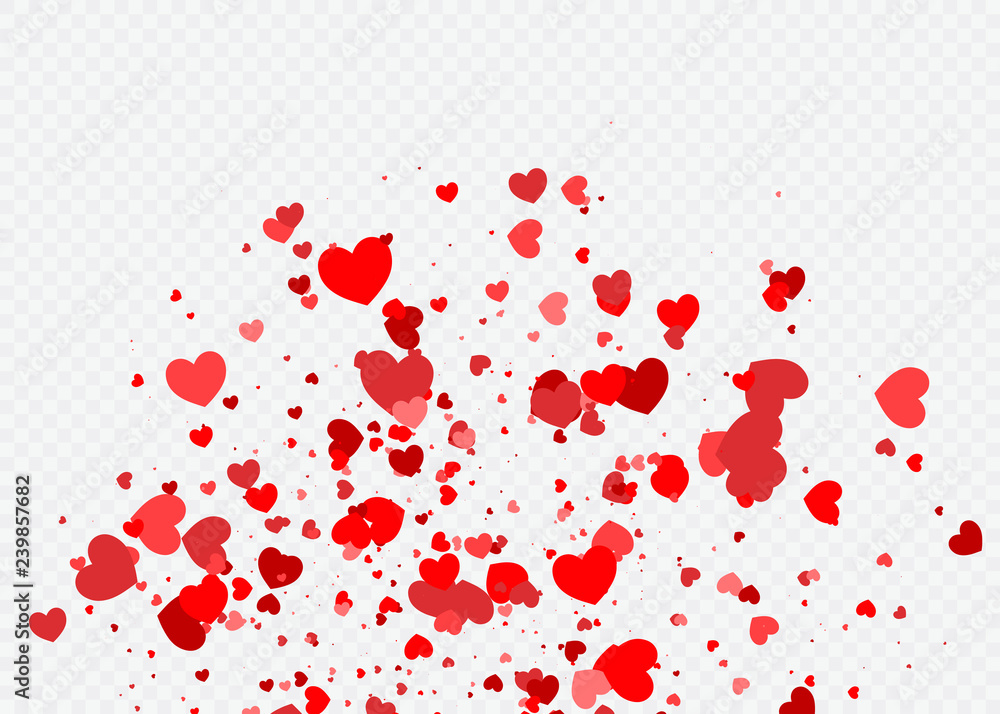 Heart confetti falling down isolated. Valentines day concept. Heart shapes overlay background.