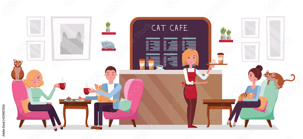 Fototapeta premium Cat cafe shop, people single and couple relaxing with kitties. Place interior to meet, have a rest with pets, waitress tray with cake and coffee. Vector flat cartoon illustration on white background
