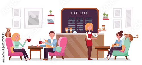 Cat cafe shop, people single and couple relaxing with kitties. Place interior to meet, have a rest with pets, waitress tray with cake and coffee. Vector flat cartoon illustration on white background