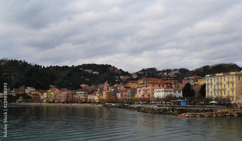 Liguria, italy, landscape of the San Terenzo city and the front bay on a grey winter day
