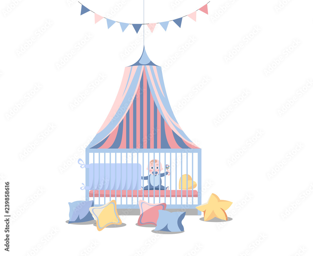 Newborn kid nursery room interior flat vector illustration of bedroom furniture. Baby with pacifier in a baby cradle with a striped canopy. bed with boy. Vector flat cartoon illustration isolated Newborn kid nursery room interior flat vector illustration of bedroom furniture. Baby with pacifier in a baby cradle with a striped canopy. bed with boy. Vector flat cartoon illustration isolated