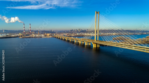 Aerial view of the South Bridge. Aerial view of South subway cable bridge. Kiev, Ukraine.