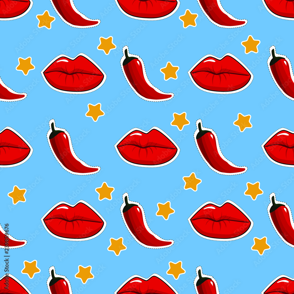Seamless vector pattern with patch badges as red woman lips, chili peppers and stars. Retro background with pins and stickers 80-s and 90-s style. 