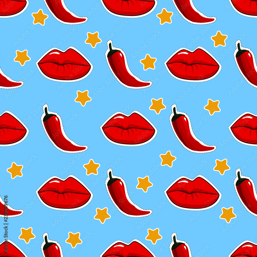 Seamless vector pattern with patch badges as red woman lips, chili peppers and stars. Retro background with pins and stickers 80-s and 90-s style. Seamless vector pattern with patch badges as red woman lips, chili peppers and stars. Retro background with pins and stickers 80-s and 90-s style.