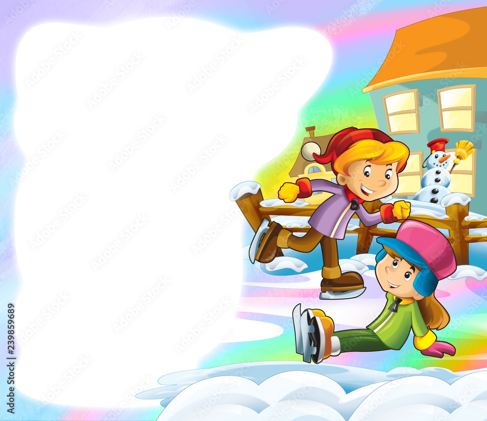 Naklejka premium cartoon scene with kids playing in the playground ice skating - with space for text - illustration for children