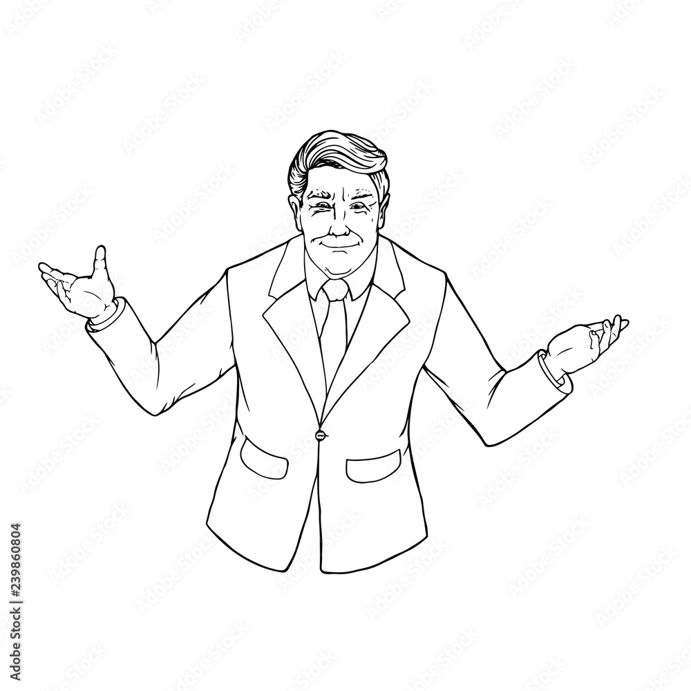 Vector illustration with  elderly man in blazer and  tie smiles and  shrugging shoulders.