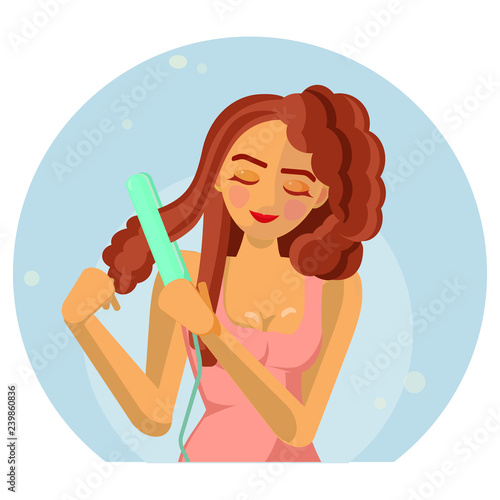 Young  girl straightening her brown hair. Woman beauty routine. Hairstyle making. Flat style.