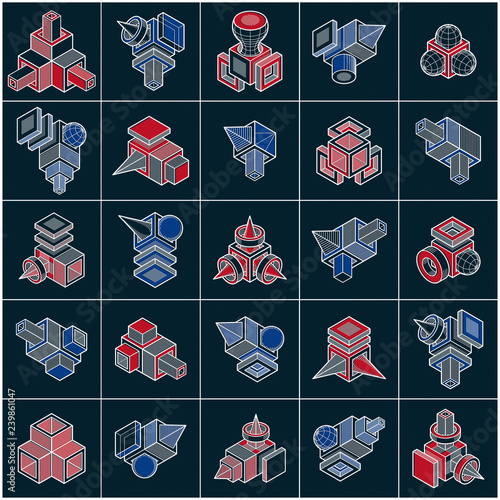 3D designs, set of abstract vector shapes.