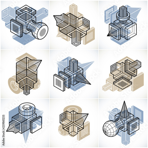 Abstract three dimensional shapes set, vector designs.