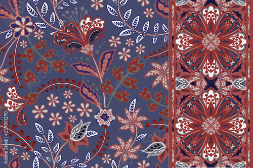 Set of floral seamless background and border with fantasy flowers, blossom and leave. Vector ornamental pattern set.