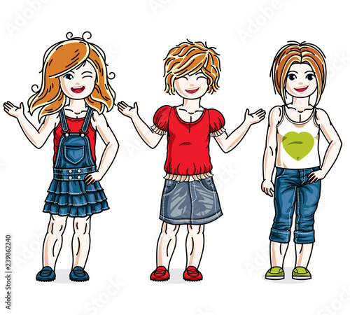 Cute little girls standing in stylish casual clothes. Vector set of beautiful kids illustrations.