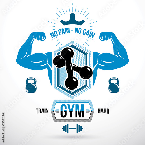 Graphic vector sign created with strong athlete biceps arm, dumb-bell and kettle bell sport equipment. Sport emblem for weightlifting gym and fitness club