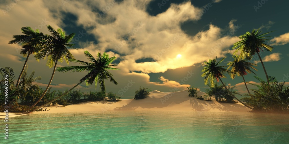 Beautiful beach with palm trees, tropical seascape,

