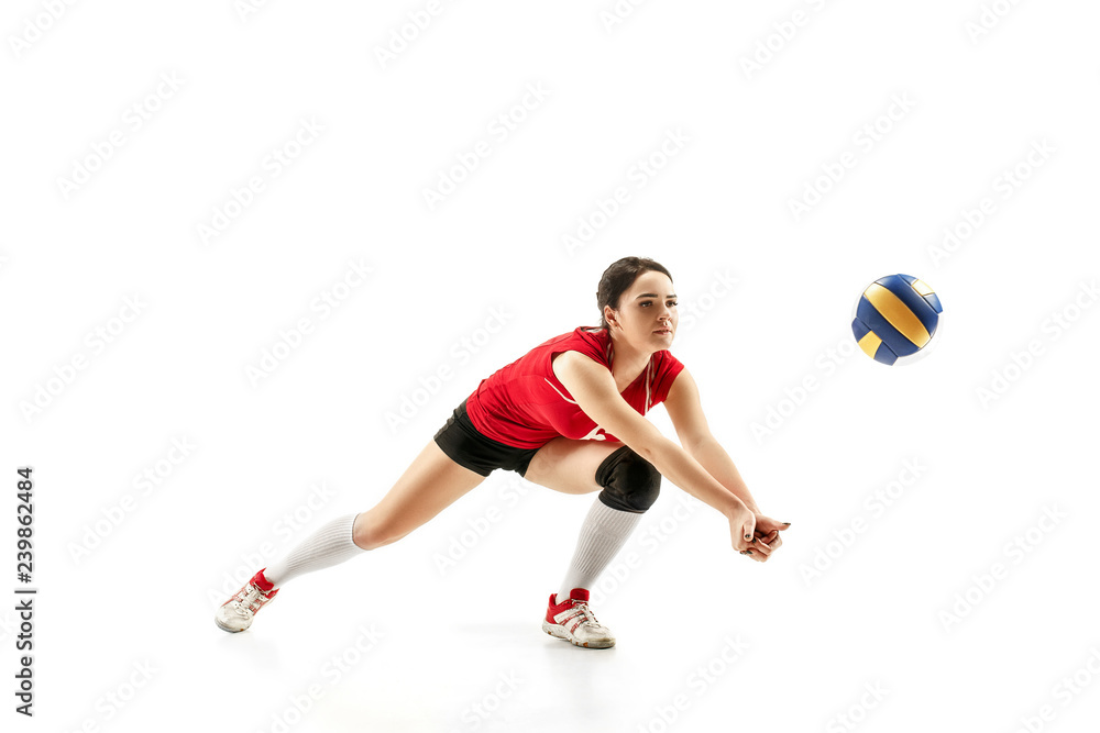 Female professional volleyball player isolated on white with ball. The athlete, exercise, action, sport, healthy lifestyle, training, fitness concept Female professional volleyball player isolated on white with ball. The athlete, exercise, action, sport, healthy lifestyle, training, fitness concept