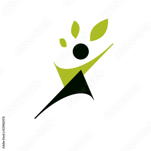 Vector illustration of excited abstract person with raised hands up. Go green idea creative logo. Healthy lifestyle metaphor. Environmental conservation theme symbol.