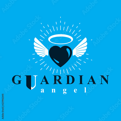Heart vector graphic illustration, love and freedom metaphor symbol. Guardian angel vector abstract emblem.