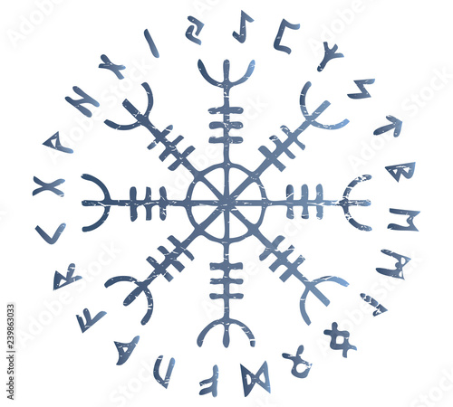Fotografie, Obraz Icelandic magic stave distressed vector illustration: Helm of Awe or Terror, also known as Aegishjalmur sigil with futhark runes circle