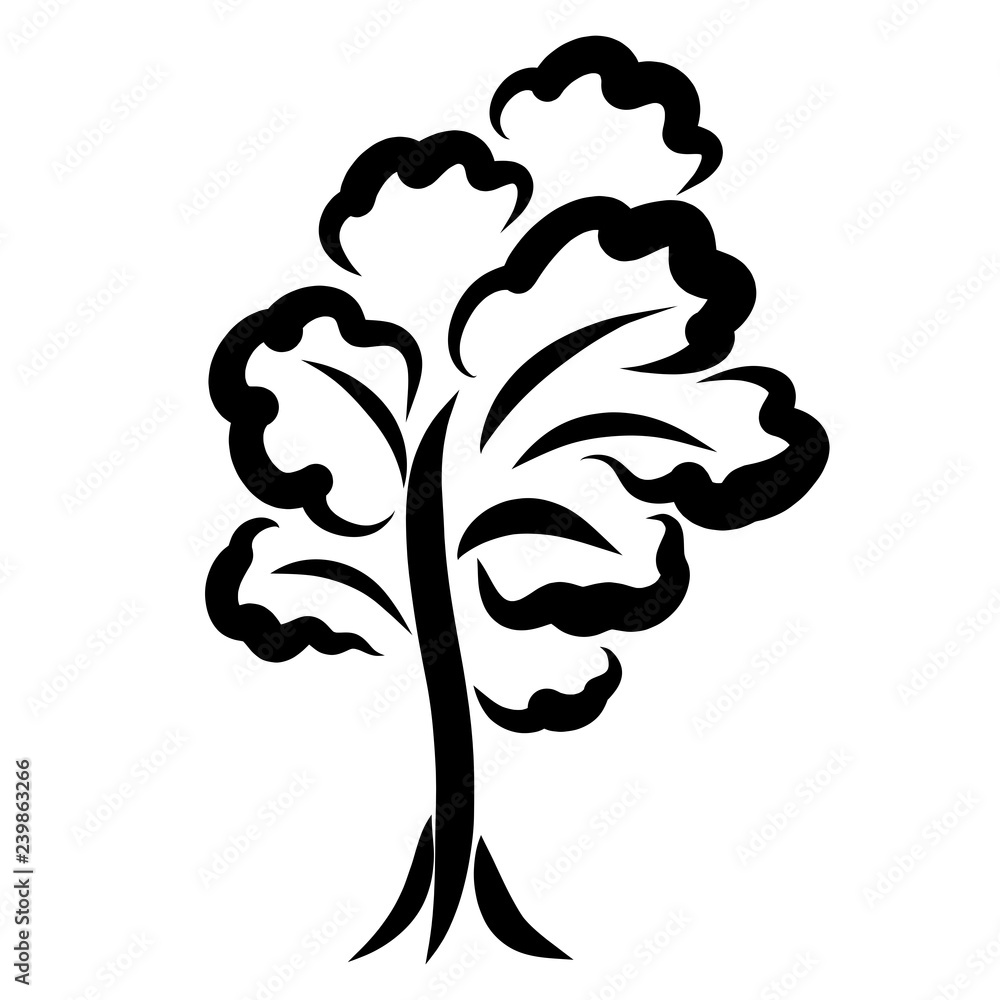 Tree with fluffy branches, black pattern, contour