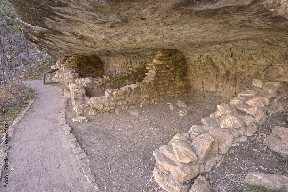 Ruins of the Sinagua Indians in Walnut Canyon National Monument Arizona. These ruins are managed by the National Park Service. No property release is needed.