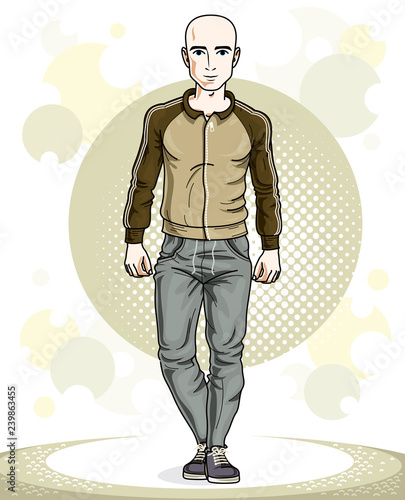 Handsome hairless young man posing. Vector illustration of sportsman. Work out and training theme.