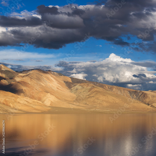 Landscape of Tso Moriri lake with beautiful clouds reflection, Karzok village in Rupshu valley in Ladakh, India photo