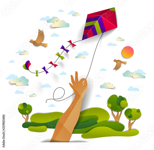 Hand holding kite over cloudy sky birds flying and sun, meadows and trees scenic nature landscape, freedom and easiness emotional concept, vector modern style paper cut 3d illustration.