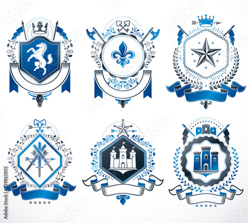 Set of vector vintage emblems created with decorative elements like crowns, stars, crosses, armory and animals.  Collection of heraldic coat of arms.