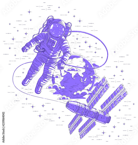 Spaceman flying open space connected to space station and earth planet in background, astronaut man or woman in spacesuit floating in weightlessness and spacecraft, stars and other elements. Vector.