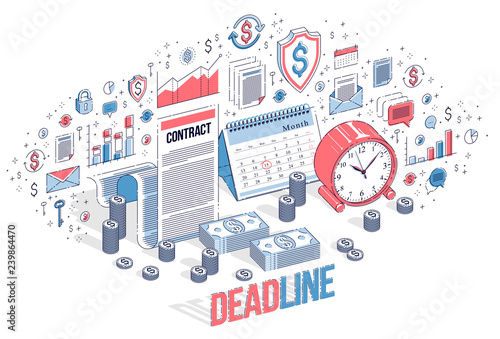 Deadline concept, table Clock and Calendar with cash money stacks and coin piles isolated on white. Isometric 3d vector finance illustration with icons, stats charts and design elements.