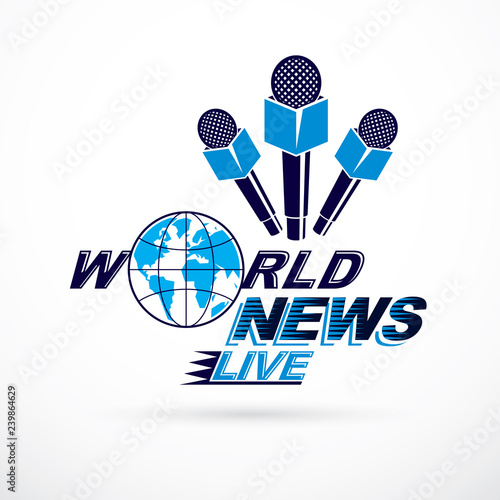 News and facts reporting vector logo composed using world news inscription and journalistic microphone equipment.