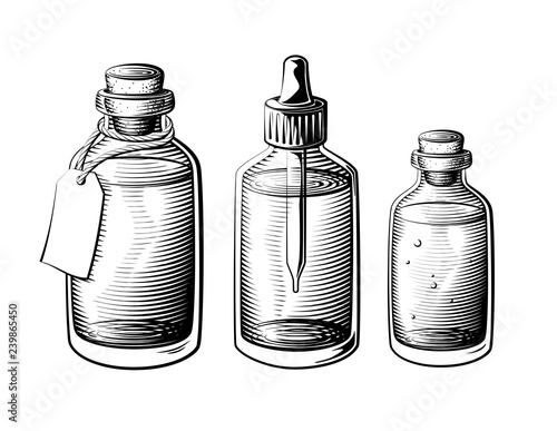 Vintage oil bottle set. Full glass bottle vector illustration.