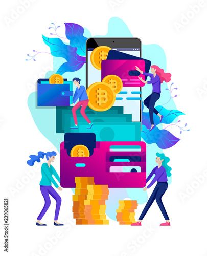 Cryptocurrency and blockchain composition with people, analysts and managers working on crypto start up