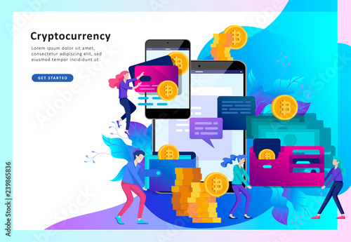 Cryptocurrency and blockchain composition with people, analysts and managers working on crypto start up