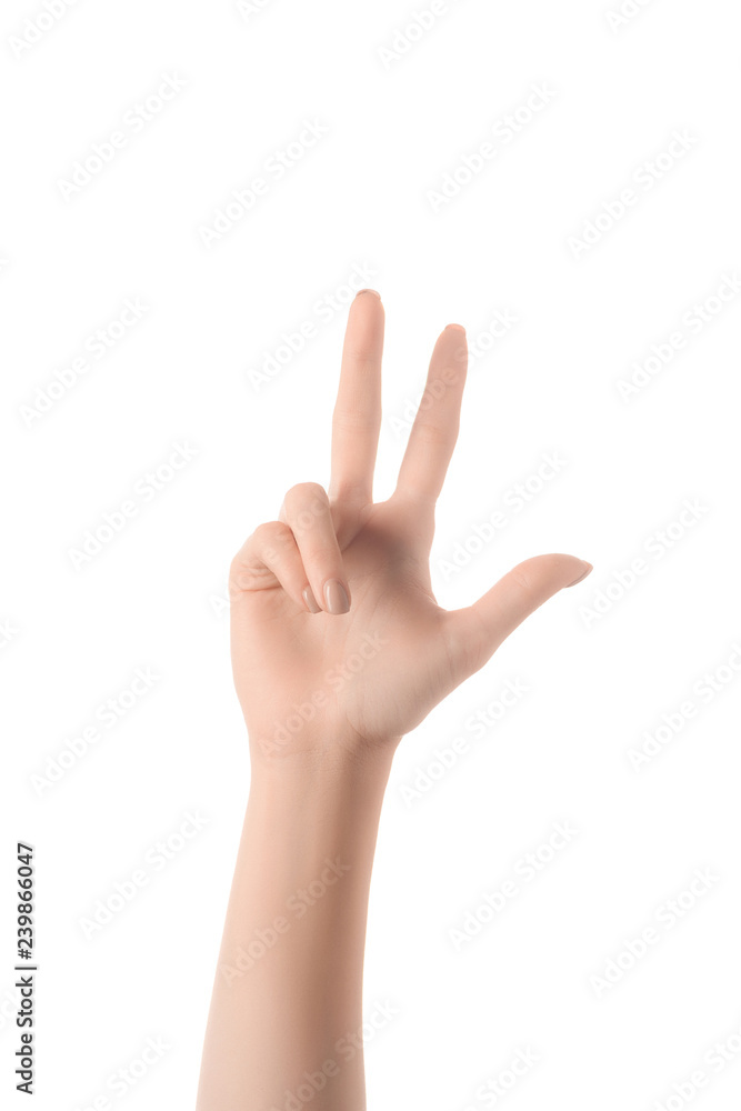 partial view of woman showing number 3 in sign language isolated on white partial view of woman showing number 3 in sign language isolated on white