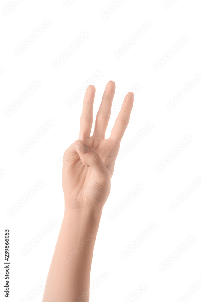 partial view of woman showing letter W in deaf and dumb language isolated on white