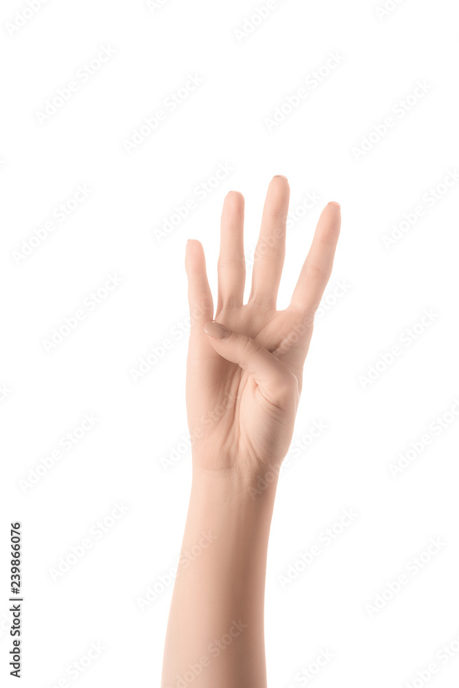 partial view of woman showing number 4 in sign language isolated on white partial view of woman showing number 4 in sign language isolated on white
