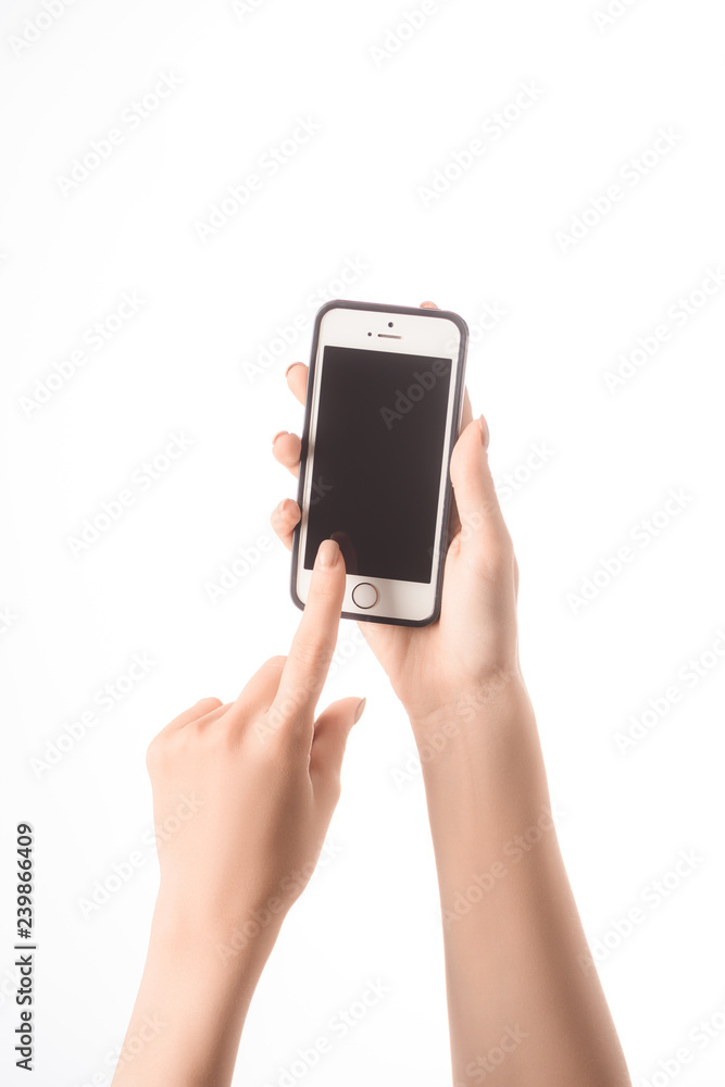 cropped view of woman using smartphone with blank screen isolated on white cropped view of woman using smartphone with blank screen isolated on white