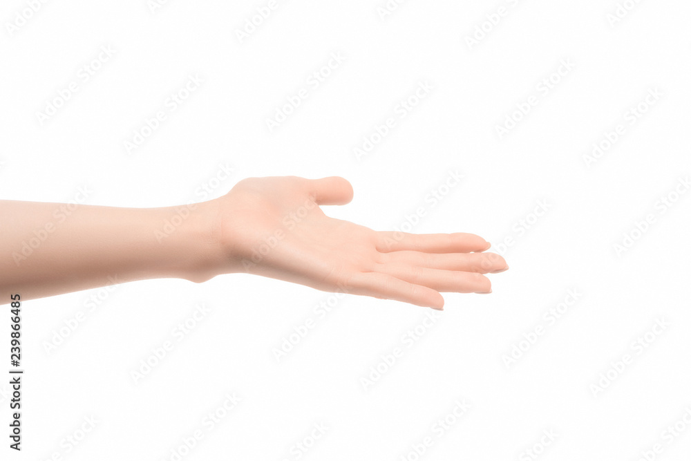cropped view of woman with empty hand asking for something isolated on white cropped view of woman with empty hand asking for something isolated on white