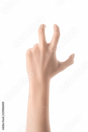 cropped view of woman gesturing with hand and imitating animal paw isolated on white