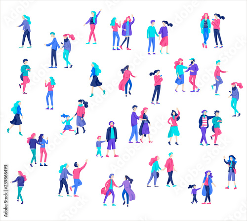 Vector people character walking on the street in autumn or winter clothes, friends and couples. Colorful Group of male and female flat cartoon characters