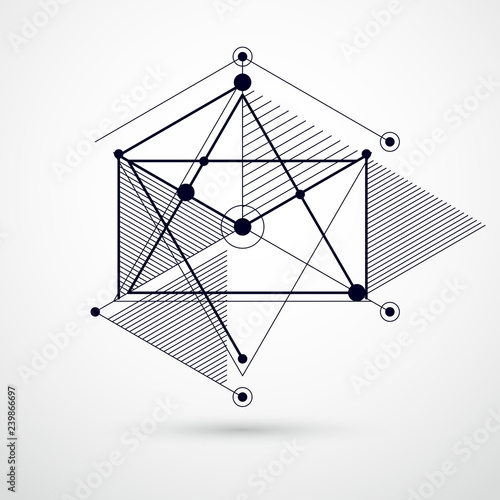 Vector abstract black and white background created in isometric mesh lines style. Mechanical scheme, vector engineering drawing with cube and mechanism parts. Perfect background for your designs