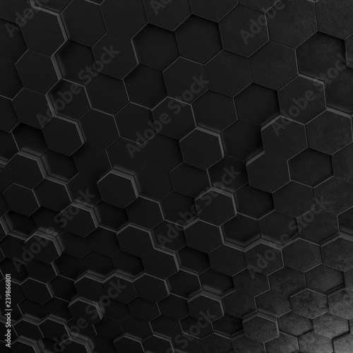 Abstract hexagonal background. Grunge Polygonal Hex geometry dark surface . Futuristic technology black texture concept. 3d Rendering.