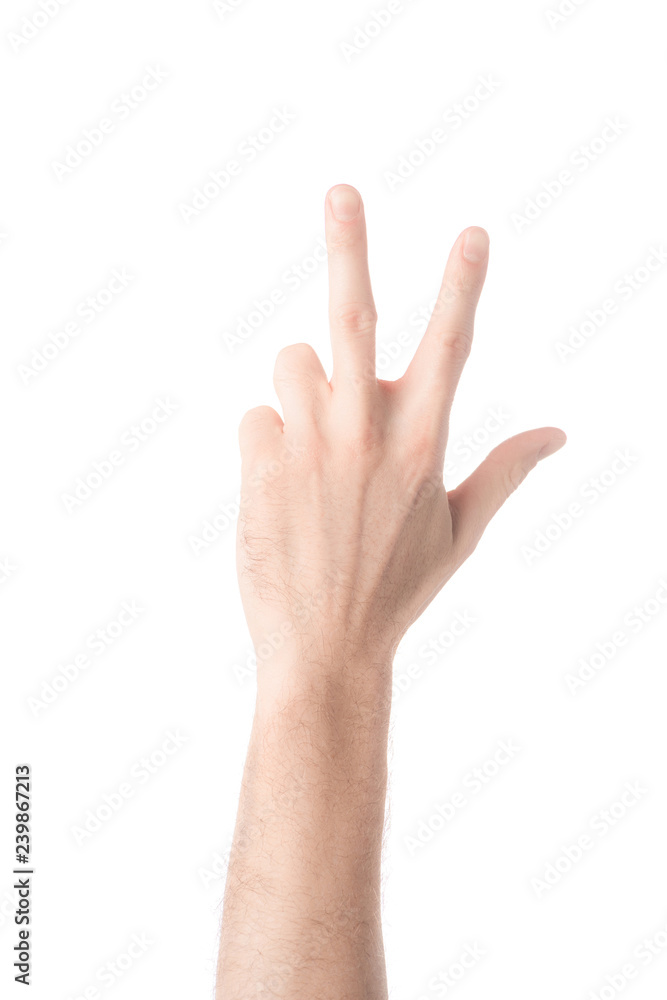 partial view of man showing number 3 in sign language isolated on white partial view of man showing number 3 in sign language isolated on white