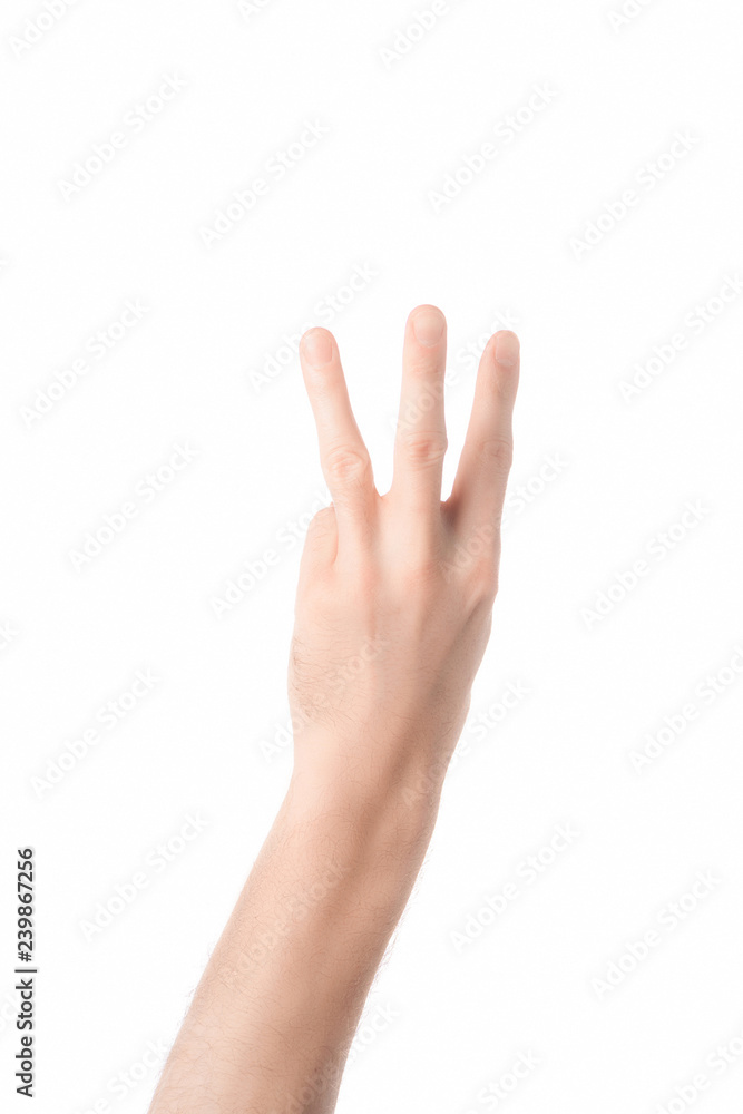 partial view of man showing number letter W in sign language isolated on white partial view of man showing number letter W in sign language isolated on white