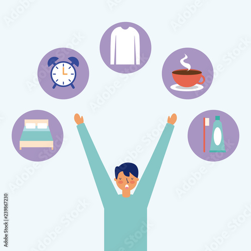 daily activity man hands up coffee clock bed
