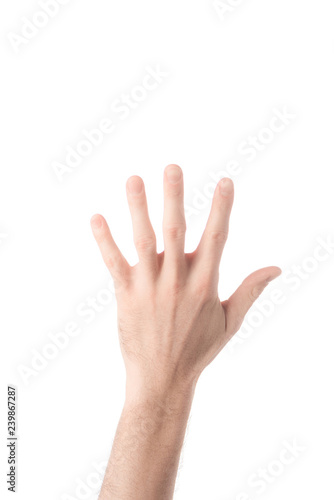 partial view of man showing number 5 in sign language isolated on white