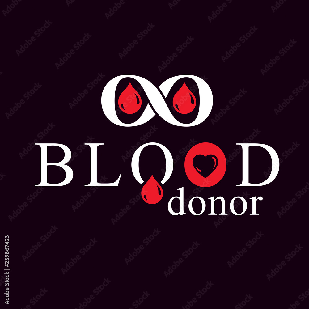 Blood donor inscription isolated on white and made using vector red blood drops, heart shape and limitless symbol. The 14 June, world blood donor day. Medical logo. Blood donor inscription isolated on white and made using vector red blood drops, heart shape and limitless symbol. The 14 June, world blood donor day. Medical logo.