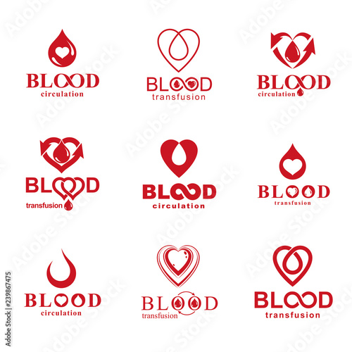 Vector illustrations created on blood donation theme, blood transfusion and circulation metaphor. Rehabilitation conceptual vector logotypes for use in pharmacology.