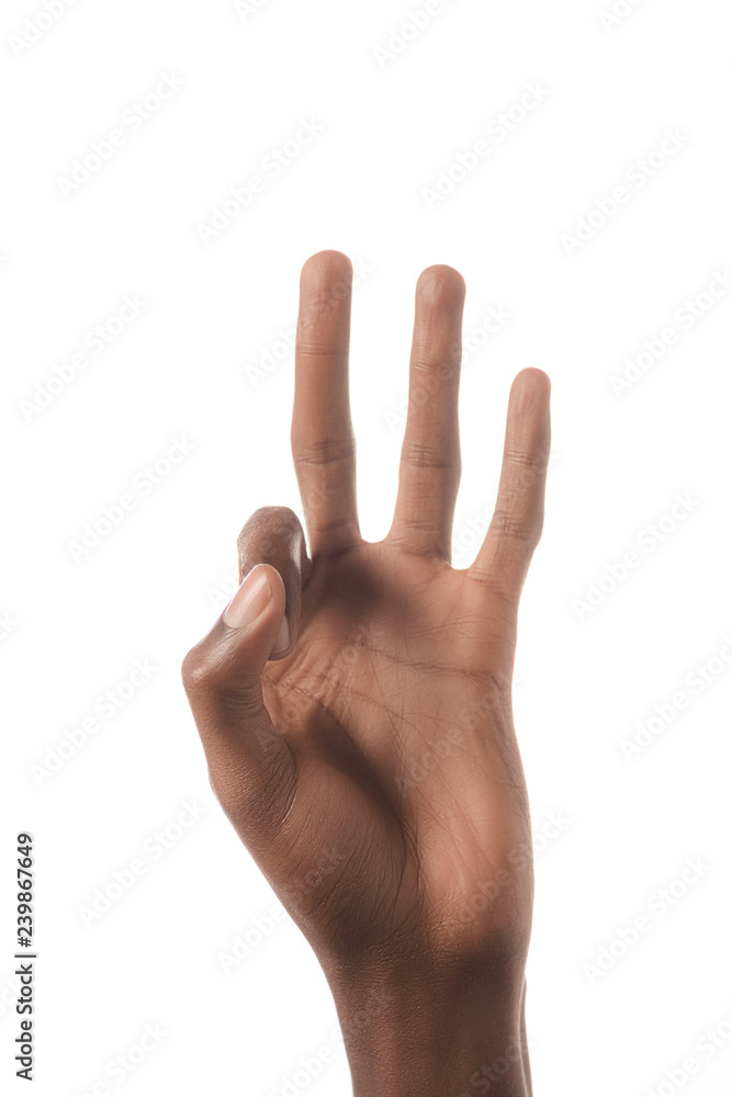 cropped view of african american man showing letter F in deaf and dumb language isolated on white cropped view of african american man showing letter F in deaf and dumb language isolated on white